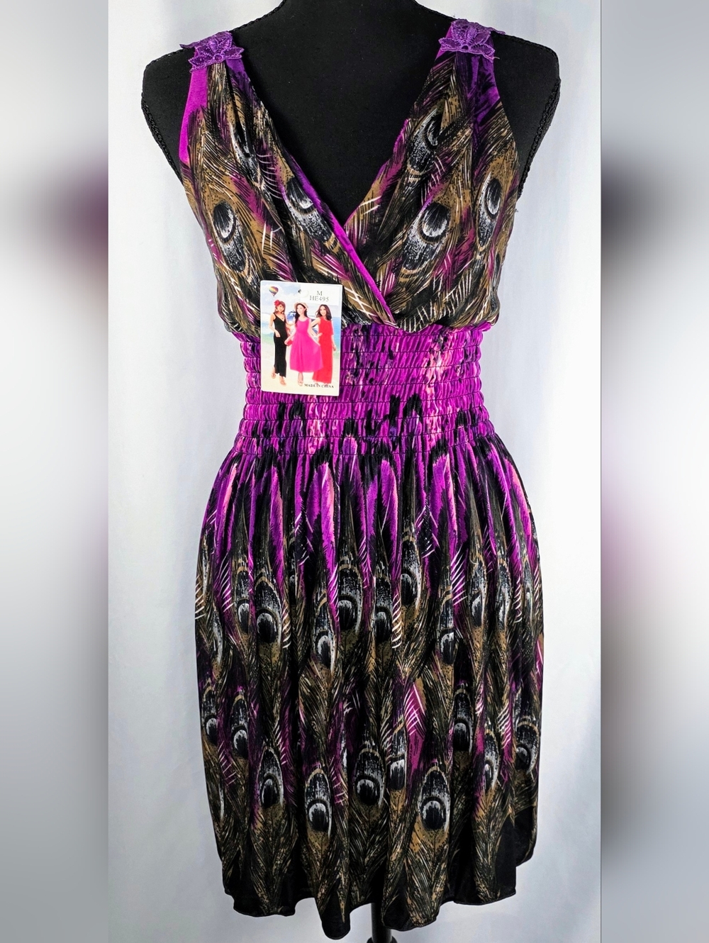 NWT Peacock Print Dress Purple Lace Back Smocked Waist V Neck Boho